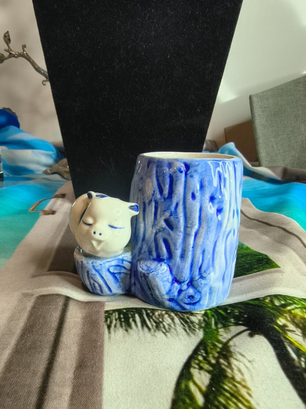 Vintage Delft Blue Pig and Tree Trunk Toothpick Holder